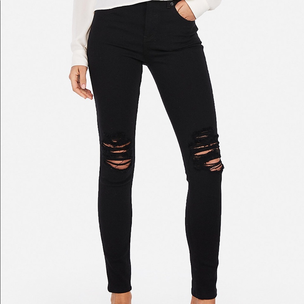 Express High Waisted Black Ripped Jean Leggings - Picture 1 of 5
